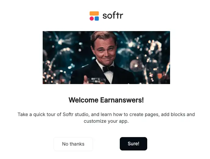 Softr platform welcome message to builder dashboard