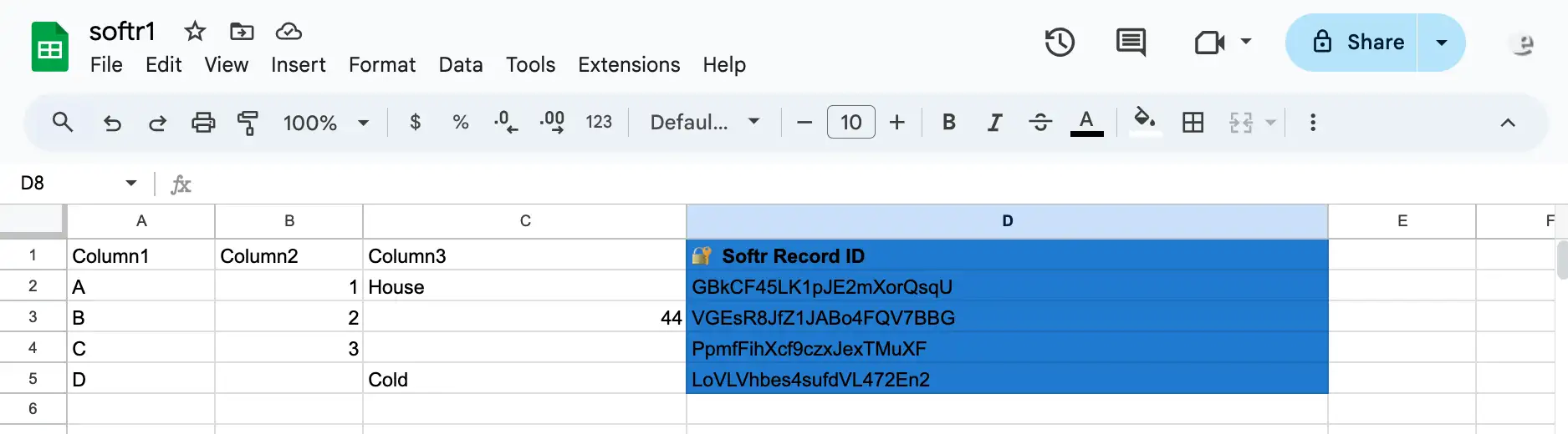 Google Sheet showing how the selected sheet added a dedicated 'Softr record ID' column