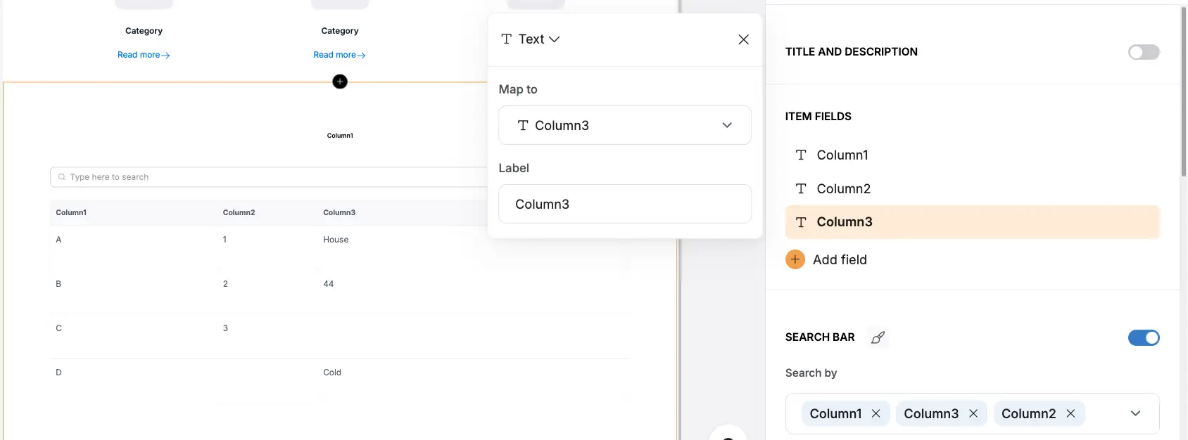 Softr builder showing how Google Sheet data is selected to render on a table block