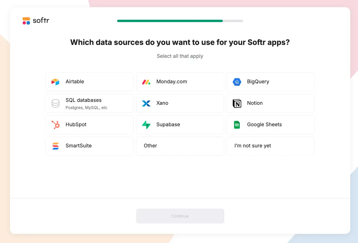 Softr platform first signup question asking 'What data sources do you want to use for your Softr apps?'