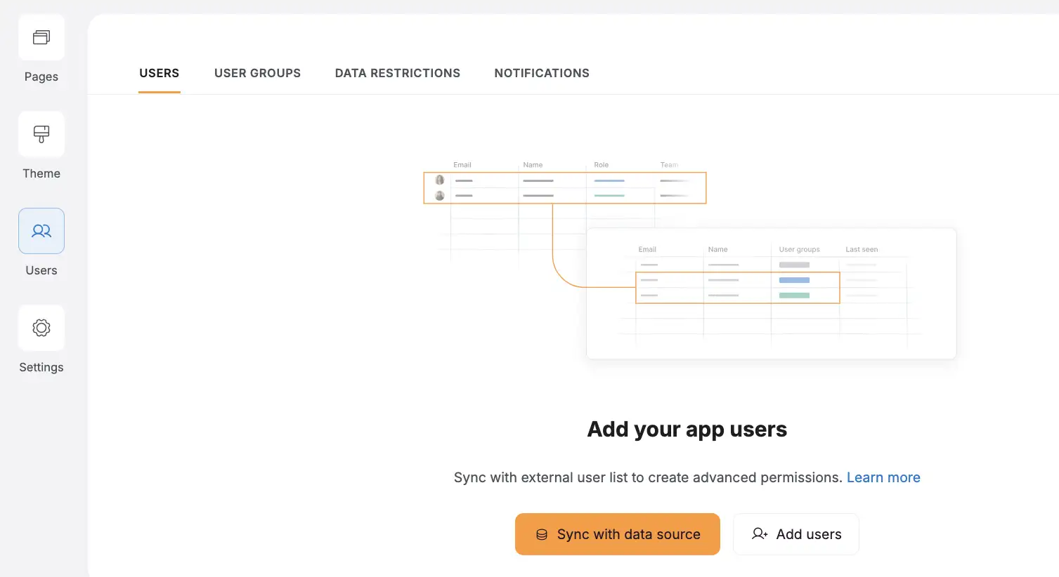 Softr builder showing user management dashboard