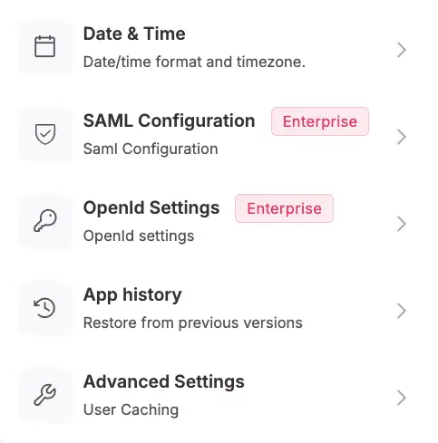 Softr builder showing setting options (date & time, same configuration, OpenID settings, app history, advanced settings) screenshot #2