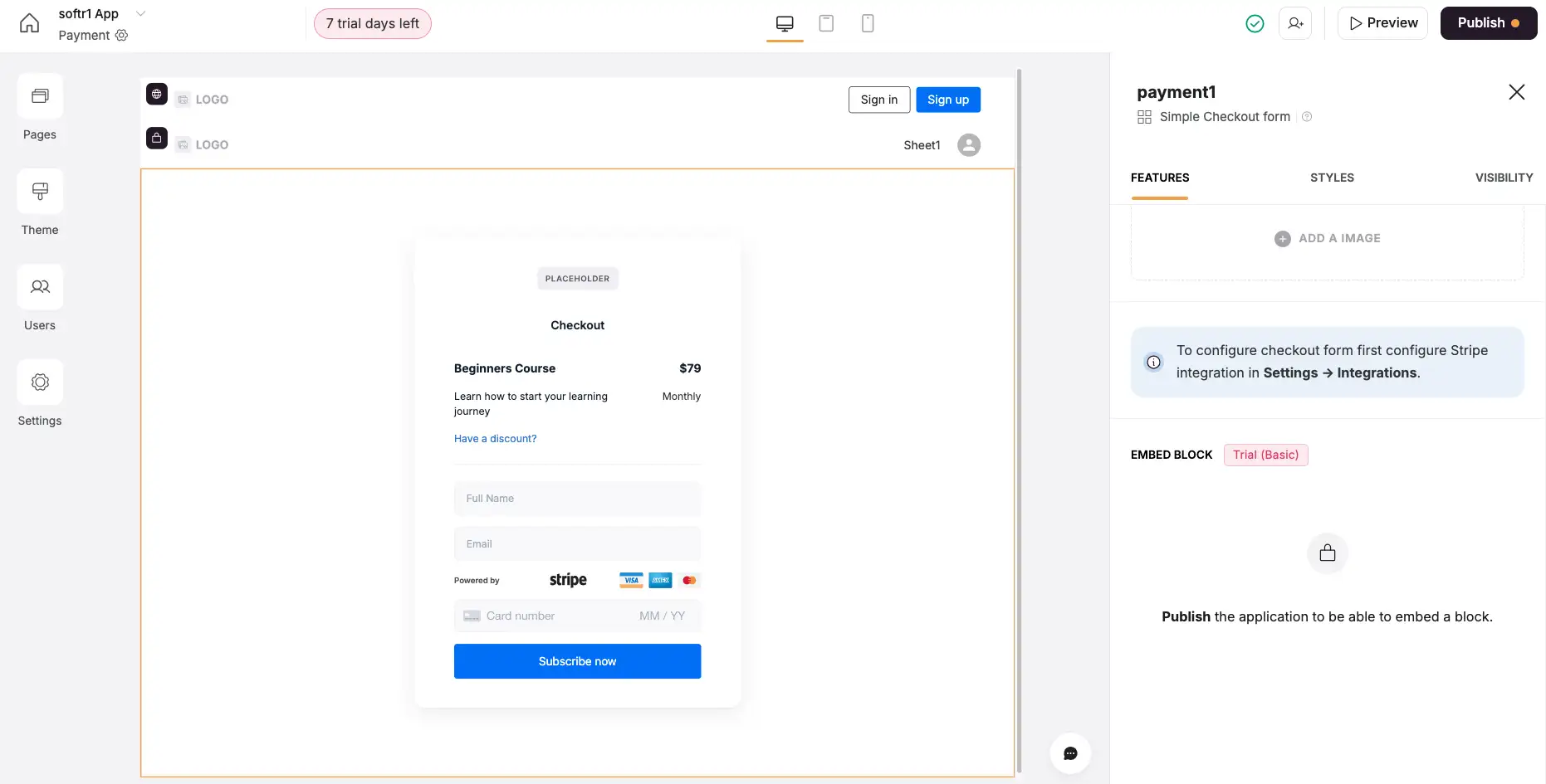 Softr builder showing payment page with Stripe