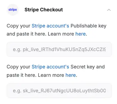 Softr builder Stripe API publishable key and secret key div of inputs