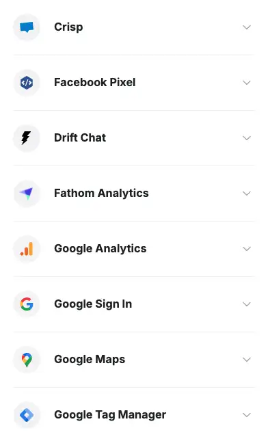 Softr builder showing a list of possible API integrations (Crisp, Facebook Pixel, Drift Chat, Fathom Analytics, Google Analytics, Google Maps, Google Tag Manager)