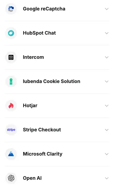 Softr builder showing a list of possible API integrations (Google reCaptcha, HubSpot Chat, Intercom, Lubenda Cookie Solution, Hotjar, Stripe Checkout, Microsoft Clarity, Open AI)