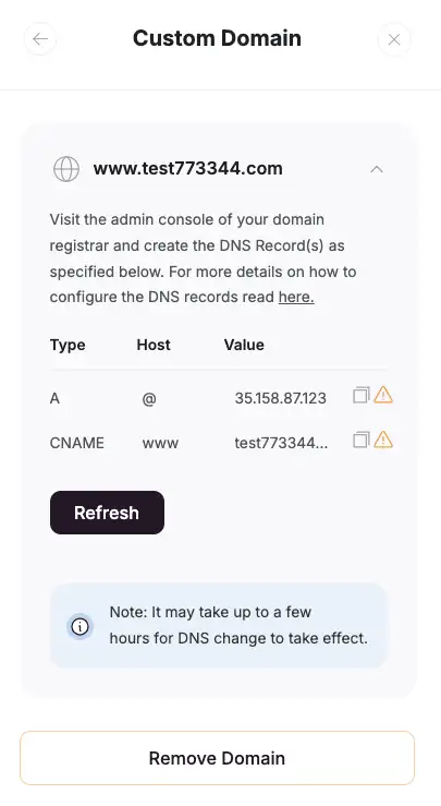 Softr platform custom domain name settings div