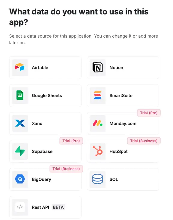 Softr platform asking what type of data to use (Airtable, Notion, Google Sheets, Smartsuite, Xnano, Monday.com, Supabase, Hubspot, BigQuery, SQL, REST API)