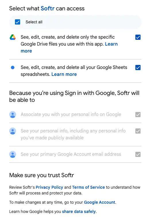 Enabling Softr access to Google Drive and Google Sheets warning #3 (privacy policy, data and terms of service)