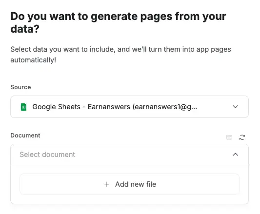 Softr platform showing options of which Google Sheet to import screenshot to generate page #1